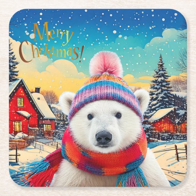 Polar Bear Santa hat and scarf Merry Christmas Square Paper Coaster (Front)