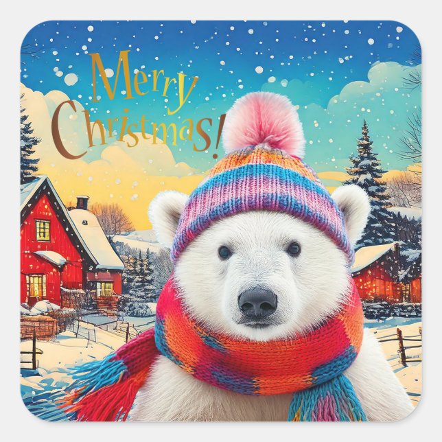 Polar Bear Santa hat and scarf Merry Christmas Square Sticker (Front)