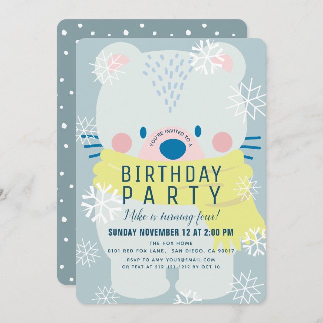 Polar Bear Scarf Winter Snowflakes Blue Birthday Invitation (Front/Back)