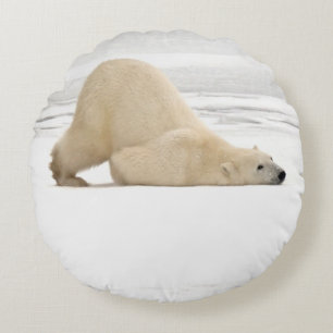 Polar bear scratching itself on frozen tundra round cushion