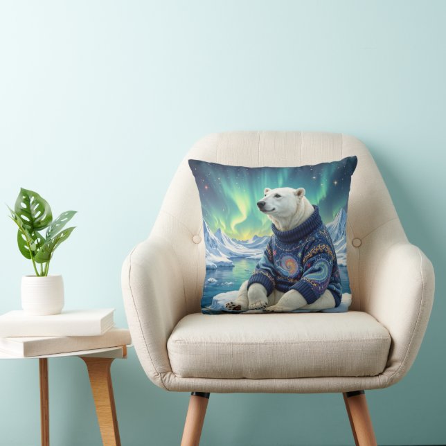 Polar Bear Sitting Under Northern Lights Cushion (Chair)