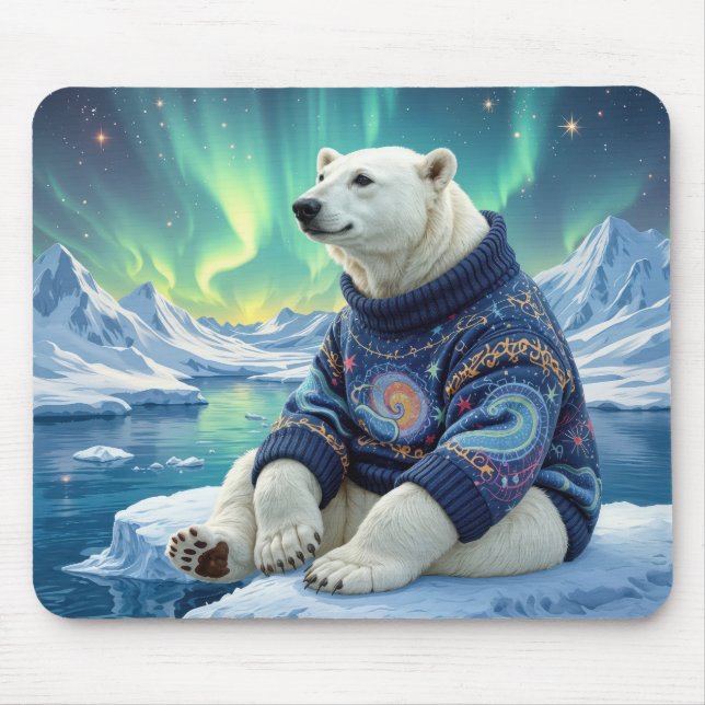 Polar Bear Sitting Under Northern Lights Mouse Pad (Front)