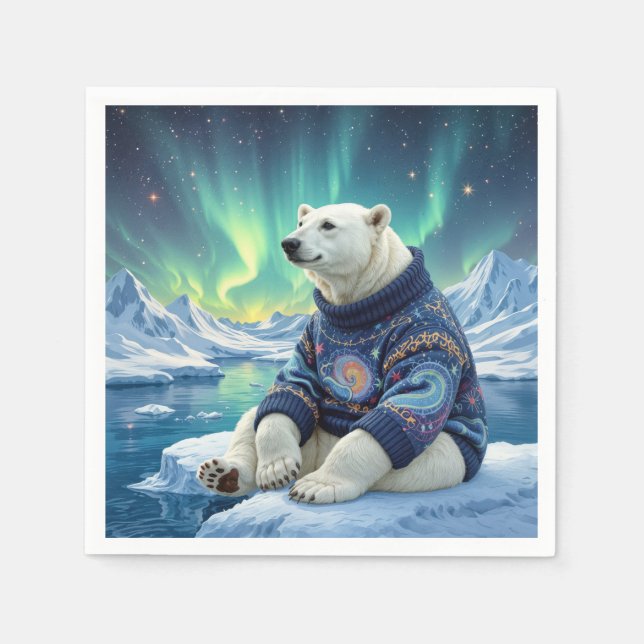 Polar Bear Sitting Under Northern Lights Napkin (Front)