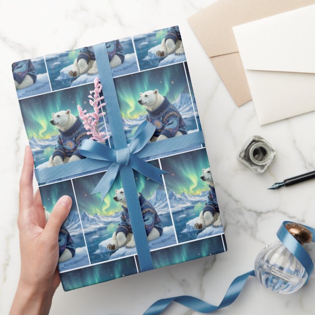 Polar Bear Sitting Under Northern Lights Wrapping Paper (Gifting)