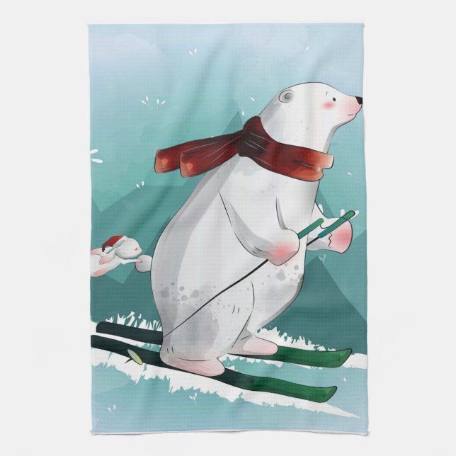 Polar Bear Skiing | Gift For Baby Tea Towel (Vertical)