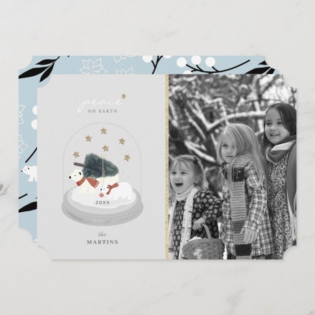 Polar Bear Snow Globe Grey Christmas Holiday Photo Invitation (Front/Back)