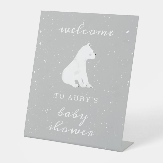 Polar Bear Snow Neutral Baby Shower Welcome Pedestal Sign (Front)