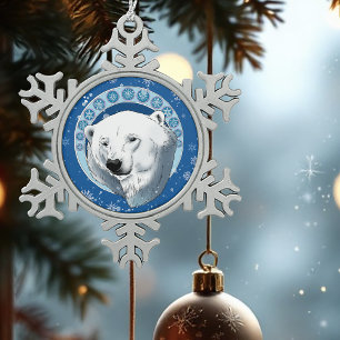 Polar Bear Snowflake Art Nouveau Pewter Christmas Ornament