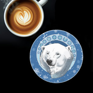 Polar Bear Snowflakes Art Nouveau Coaster