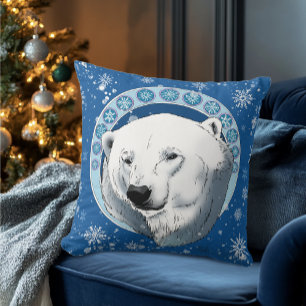 Polar Bear Snowflakes Art Nouveau Cushion