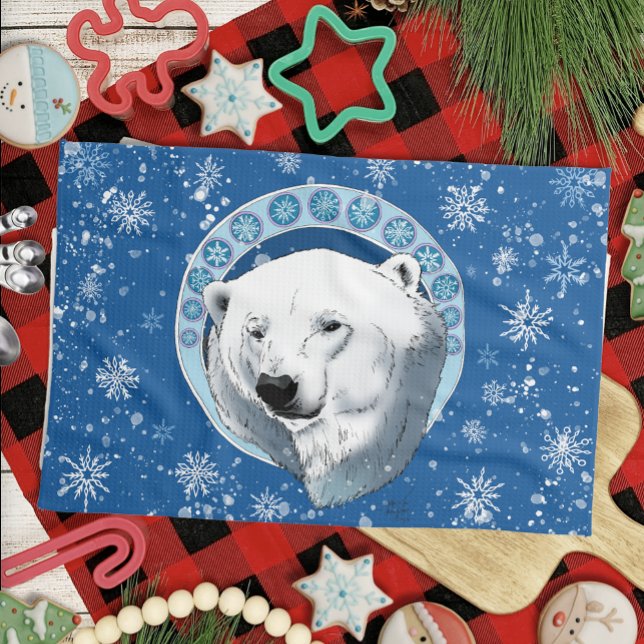Polar Bear Snowflakes Art Nouveau Tea Towel (Creator Uploaded)