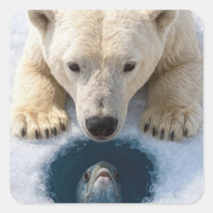 Polar Bear Staring at a Fish Square Sticker