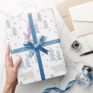 Polar Bear Tree Star Pattern White Wrapping Paper