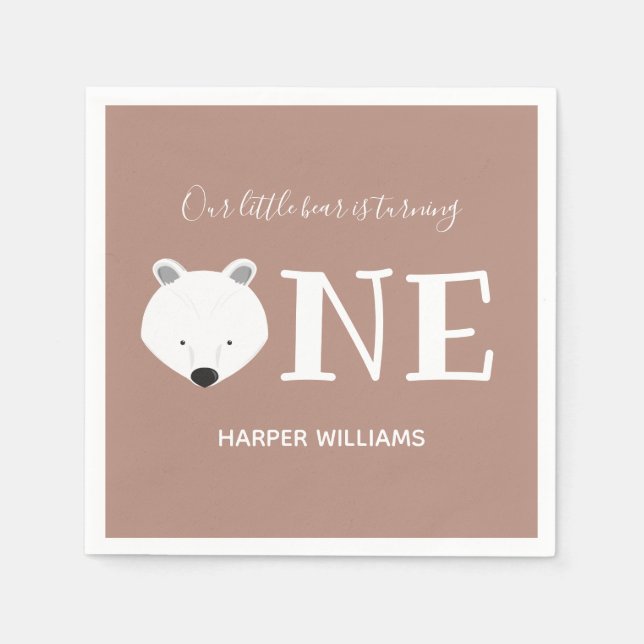 Polar Bear Turning One Animal First Birthday Napkin (Front)