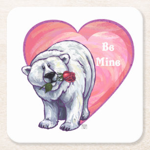 Polar Bear Valentine's Day Square Paper Coaster