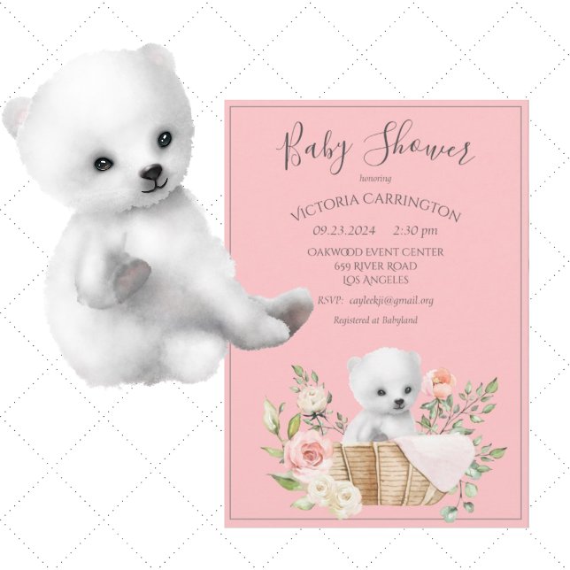 Polar Bear Watercolor Pink Baby Shower Invitation (Creator Uploaded)