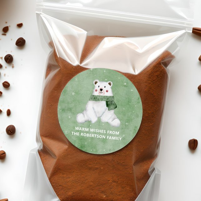 Polar Bear Wearing Green Scarf Let it Snow Holiday Classic Round Sticker (Creator Uploaded)