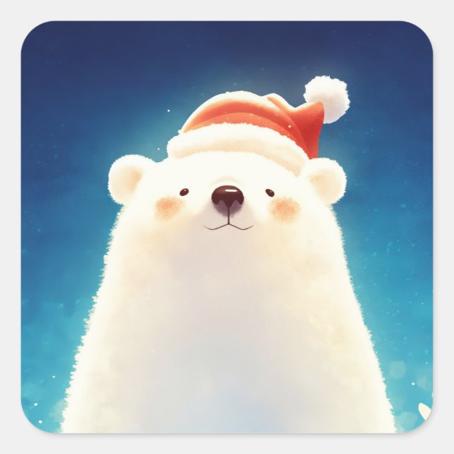 Polar Bear Wearing Santa Hat with Red Maple Leaves Square Sticker (Front)