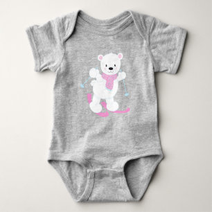 Polar Bear, White Bear, Cute Bear, Skiing Bear Baby Bodysuit