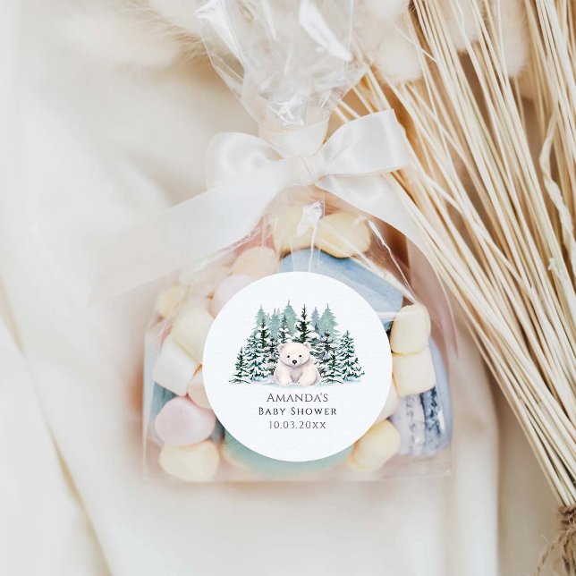 Polar Bear Winter Baby Shower Classic Round Sticker (Creator Uploaded)