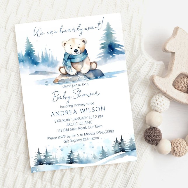 Polar bear winter bearly wait baby shower invitation (Polar bear winter bearly wait baby shower editable template invitation digital download cute teddy)