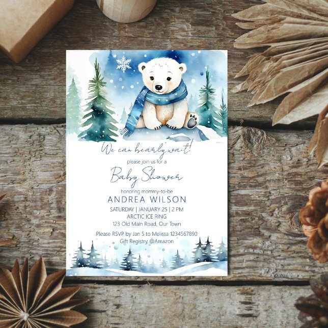 Polar bear winter bearly wait baby shower invitation (Polar bear winter bearly wait baby shower editable template  invitation digital download cute pines)