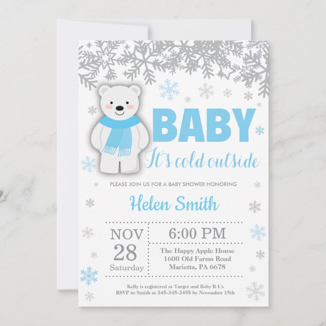 Polar Bear Winter Blue Boy Baby Shower Snowflake Invitation (Front)