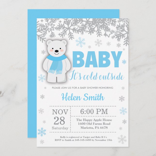 Polar Bear Winter Blue Boy Baby Shower Snowflake Invitation (Front/Back)