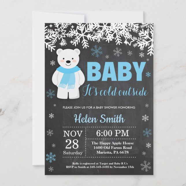 Polar Bear Winter Boy Baby Shower Chalkboard Invitation (Front)