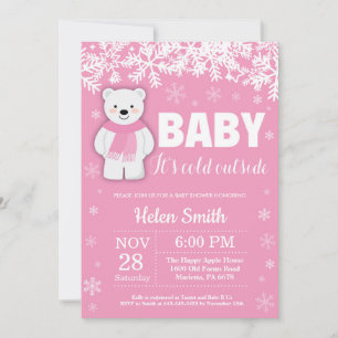 Polar Bear Winter Girl Baby Shower Snowflake Invitation