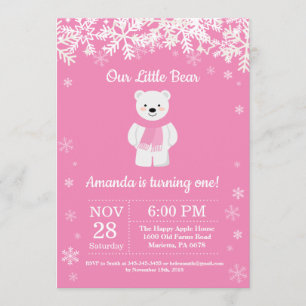 Polar Bear Winter Girl Birthday Invitation