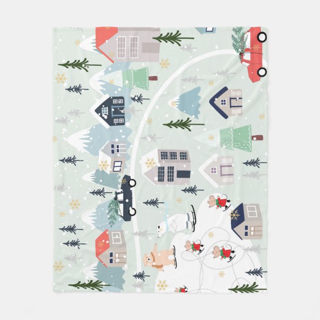 Polar bear winter landscape, Christmas background. Fleece Blanket (Front)