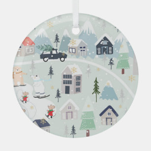 Polar bear winter landscape, Christmas background. Glass Tree Decoration
