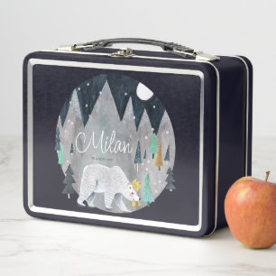 Polar bear winter mountains moon metal lunch box
