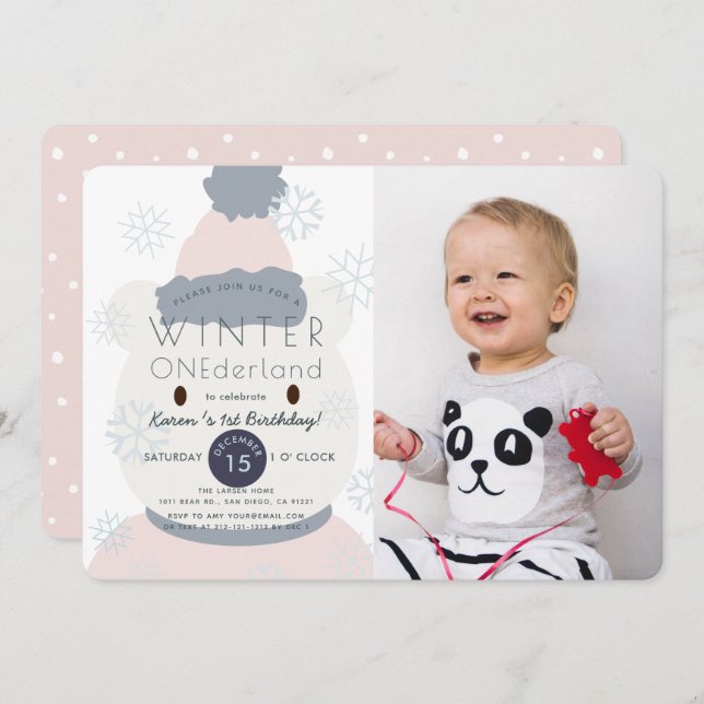 Polar Bear Winter Onederland 1st Photo Birthday Invitation (Front/Back)