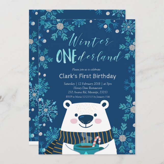 Polar Bear Winter Onederland Birthday Invitation (Front/Back)