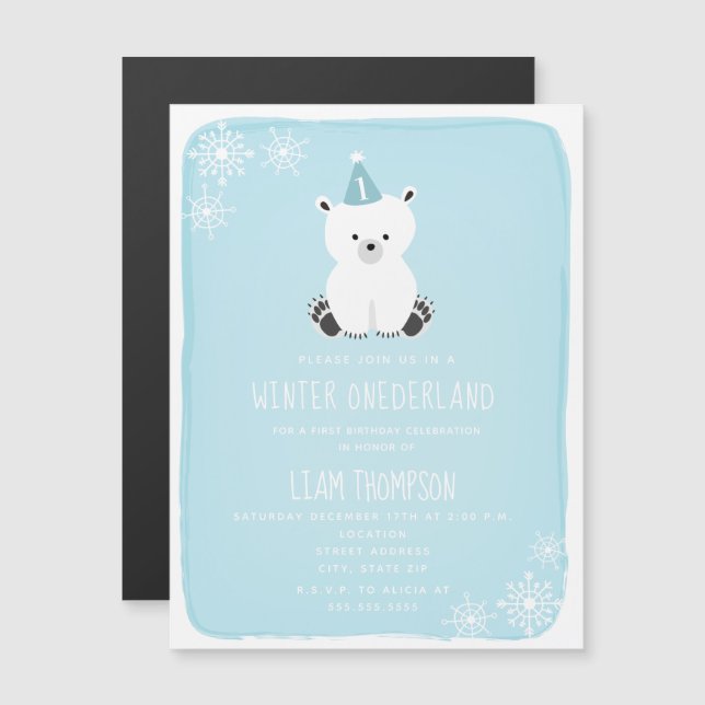 Polar Bear Winter Onederland Blue 1st Birthday Magnetic Invitation (Front/Back)