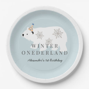 Polar Bear Winter Onederland Blue Birthday Paper Plate