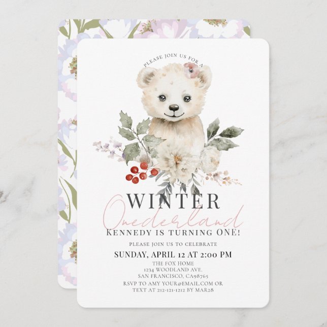 Polar Bear Winter Onederland Girl 1st Birthday Invitation (Front/Back)
