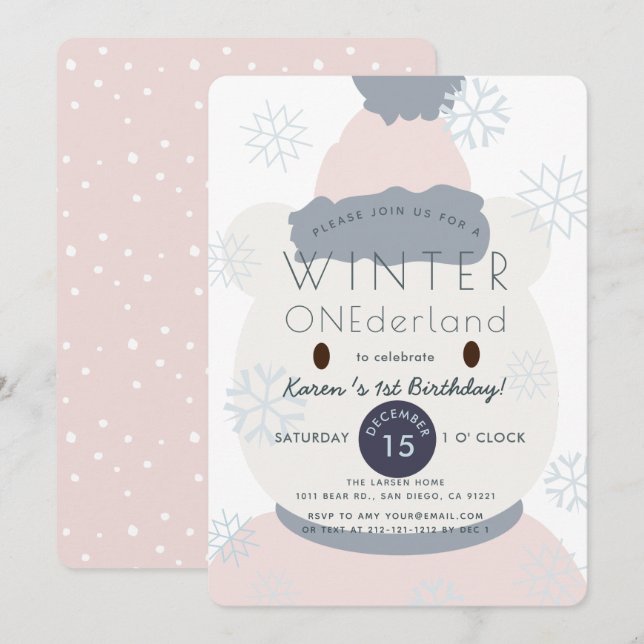 Polar Bear Winter Onederland Girl 1st Birthday Invitation (Front/Back)