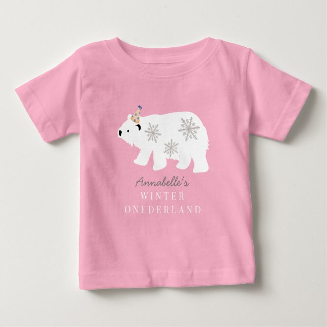 Polar Bear Winter Onederland Pink 1st Birthday Baby T-Shirt (Front)