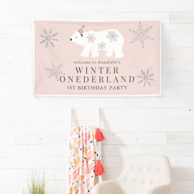Polar Bear Winter Onederland Pink 1st Birthday Banner (Insitu)
