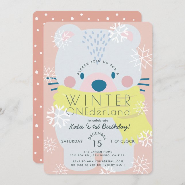 Polar Bear Winter Onederland Pink 1st Birthday Invitation (Front/Back)