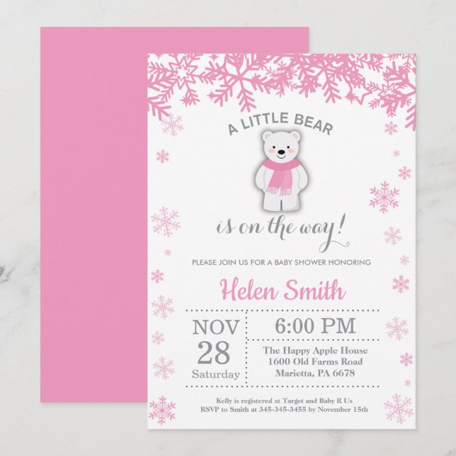 Polar Bear Winter Pink Girl Baby Shower Snowflake Invitation (Front/Back)