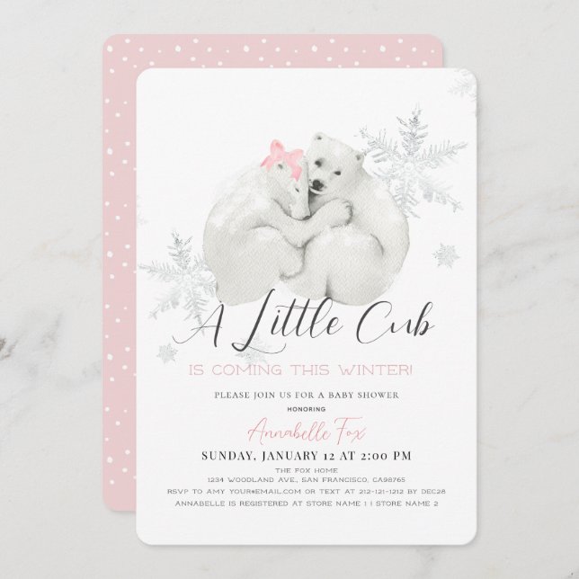 Polar Bear Winter Snowflake Pink Girl Baby Shower Invitation (Front/Back)