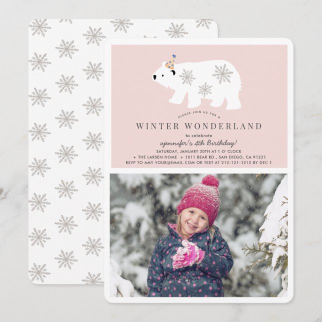 Polar Bear Winter Wonderland Photo Pink Birthday Invitation (Front/Back)