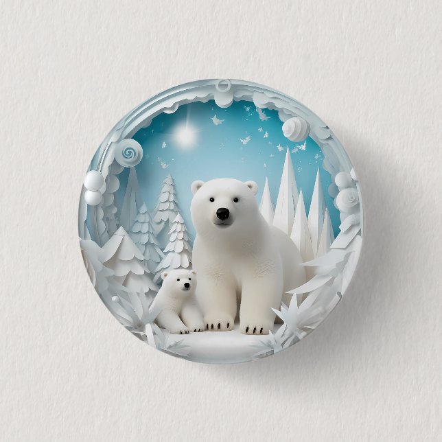 Polar Bear with Cub Arctic Ocean White Winter 3 Cm Round Badge (Front)