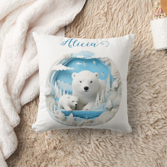 Polar Bear with Cub Arctic Ocean White Winter Cushion (Blanket)