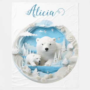 Polar Bear with Cub Arctic Ocean White Winter Fleece Blanket