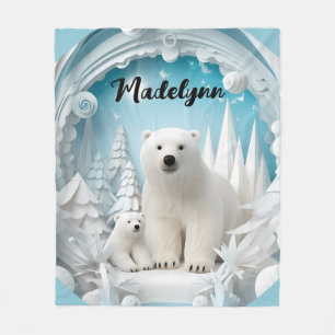 Polar Bear with Cub Arctic Ocean White Winter Fleece Blanket